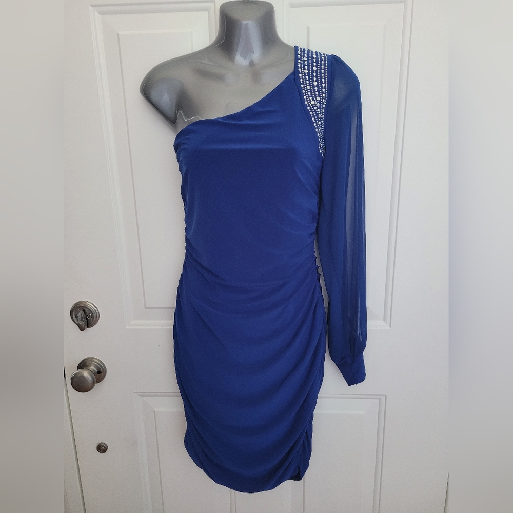 Deb One Shoulder Blue Dress with Rhinestone Detail